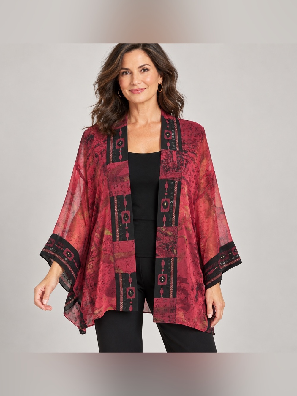 Chico’s Red Black Sheer Open-Front Embroidered Geometric Kimono Jacket M/L Rayon